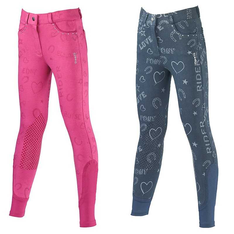 Dois pares de calças de equitação para criança em rosa e azul com padrões e reforço antiderrapante
