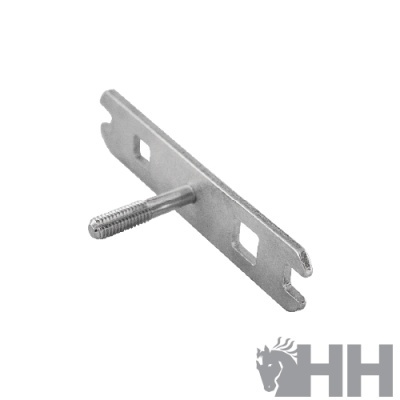 Suporte metálico prateado com parafuso em fundo branco