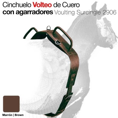 Cinchuelo volteo de couro marrom com agarradores e texto explicativo