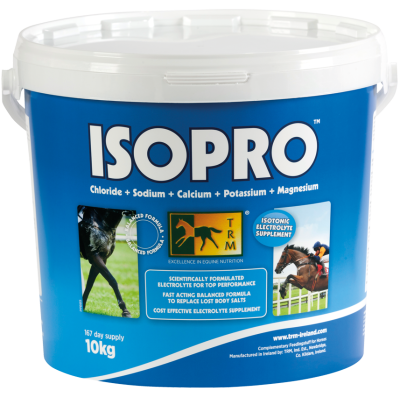 Embalagem azul e branca tipo balde do suplemento para cavalos ISOPRO