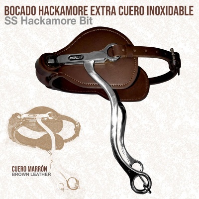 Freio e embocadura Hackamore em aço inoxidável com couro castanho