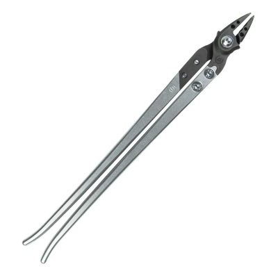 Alicate de corte comprido em metal prateado com lâminas pretas