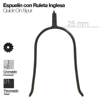 Esporão metálico cromado ou pavonado com roda dentada e indicação de 25 mm