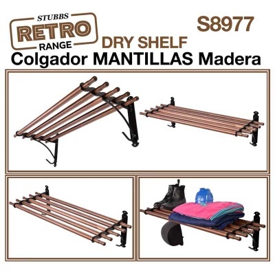 Suporte de madeira e metal para pendurar mantilhas com texto promocional