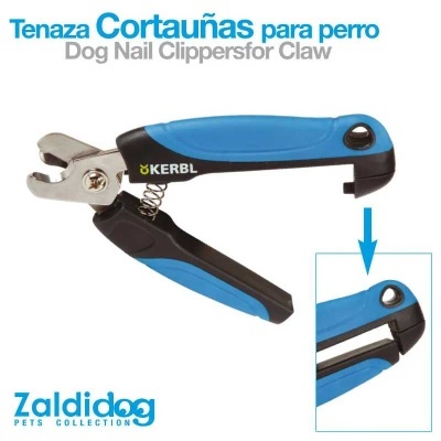 Corta-unhas para cão azul e preto com lâminas metálicas, texto e logótipo