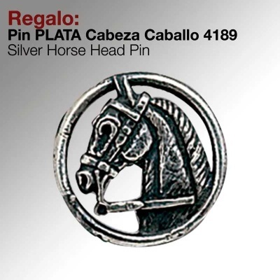 Pin prateado cabeça de cavalo em círculo com texto promocional