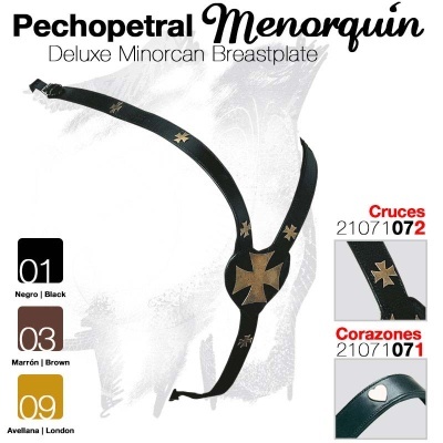 Peitoral Menorquín Deluxe preto com cruzes douradas em fundo branco