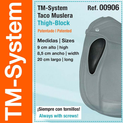 Embalagem TM-System Taco Muslera Thigh-Block com peça acolchoada cinza e texto de medidas