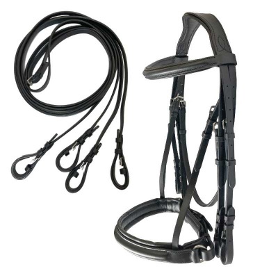 Cabresto e rédeas de treino para cavalo em couro preto com ferragens metálicas