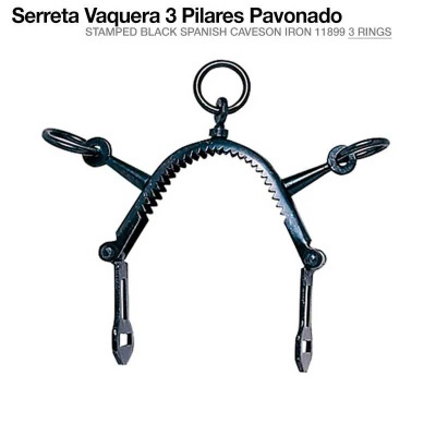 Serreta vaquera preta com três pilares e anéis circulares em fundo branco