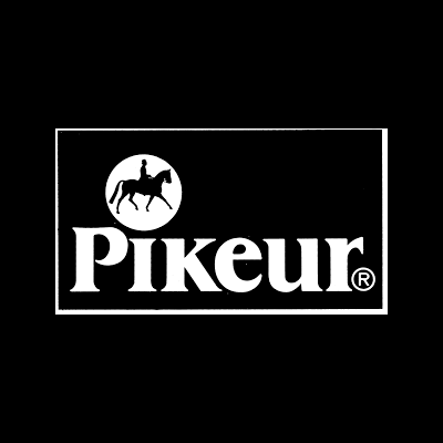 Logótipo da marca Pikeur com cavaleiro a cavalo em círculo branco sobre fundo preto