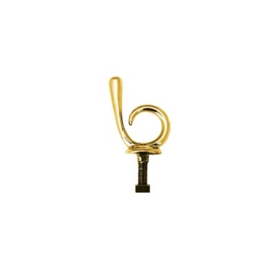 Objeto metálico dourado em espiral com base e porca preta em fundo branco