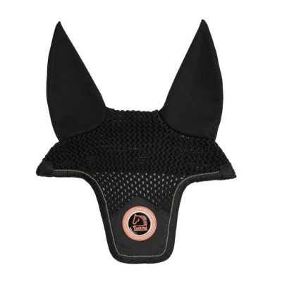Protetor para orelhas de cavalo preto com malha e emblema Fattini.