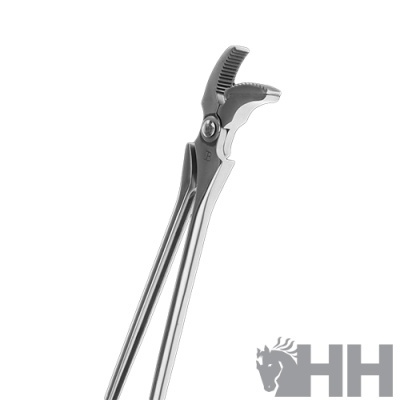 Alicate de metal prateado com pega longa e dentes na parte superior