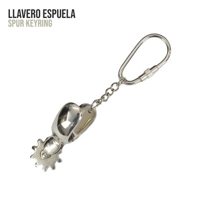 Llavero metálico plateado em forma de espora con texto