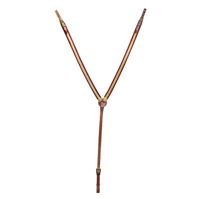 Arnês para cavalo em couro castanho com faixas às riscas e fecho redondo