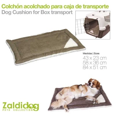 Almofada acolchoada para cães, retangular, castanha com bordas brancas e cão deitado