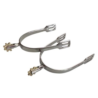 Par de esporas metálicas prateadas com rodas dentadas douradas