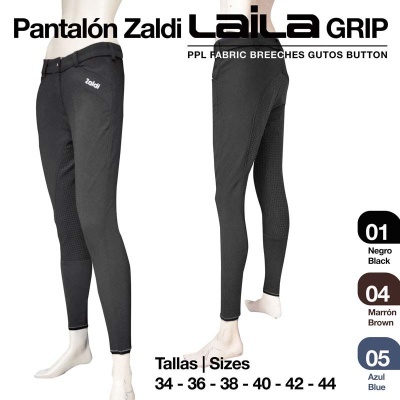 Calças Zaldi Laila Grip pretas para equitação, tamanhos disponíveis 34-44, opções de cor Negro, Marrón e Azul.