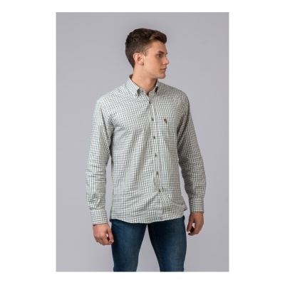 Camisa masculina xadrez cinzento e branco com botão