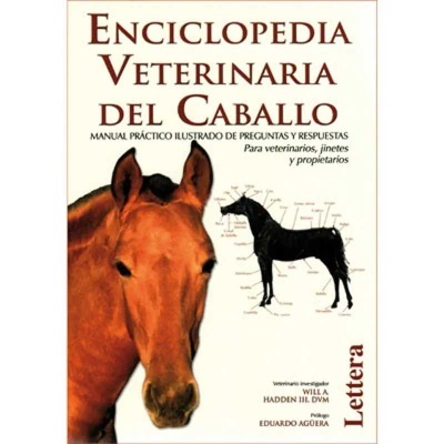 Capa do livro Enciclopedia Veterinaria del Caballo com cavalo castanho e figura anatómica preta