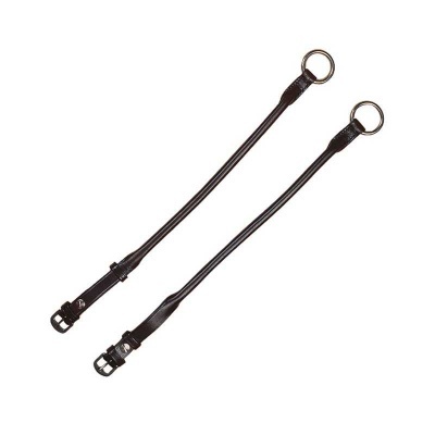 Dois cabrestos de couro pretos com fivelas metálicas e argolas de metal