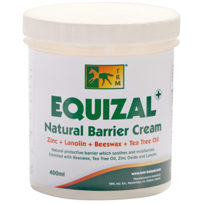 Frasco de creme natural EQUIZAL com tampa branca e etiqueta com cavalo e texto descritivo