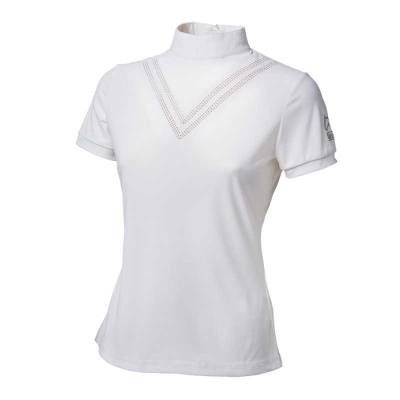 T-shirt feminina branca com gola alta e detalhes perfurados