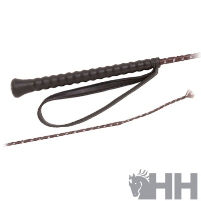 Chibato de equitação com pega preta e fita castanha com linhas brancas