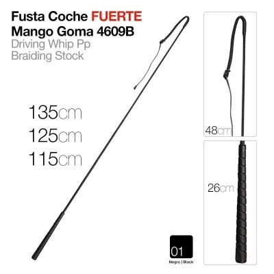 Fusta para coche preta com cabo de borracha e detalhes trançados, vários comprimentos disponíveis.