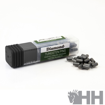 Pins de tungsténio em caixa plástica transparente com tampa preta e vários pins lado a lado