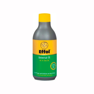 Frasco de óleo universal Effol com rótulo amarelo e verde e tampa amarela