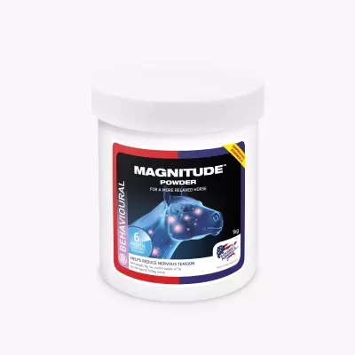 Recipiente branco do suplemento Magnitude Powder para cavalos com rótulo azul e vermelho