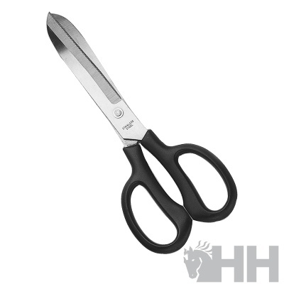 Tesoura grande com lâminas de metal e cabo preto com logótipo H&H