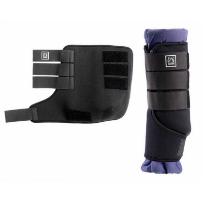 Duas ligaduras de apoio ajustáveis pretas em tecido com tiras adesivas sobre fundo branco