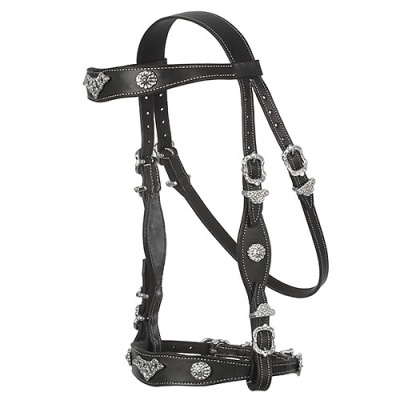 Cabeçada para cavalo em couro preto com detalhes metálicos prateados