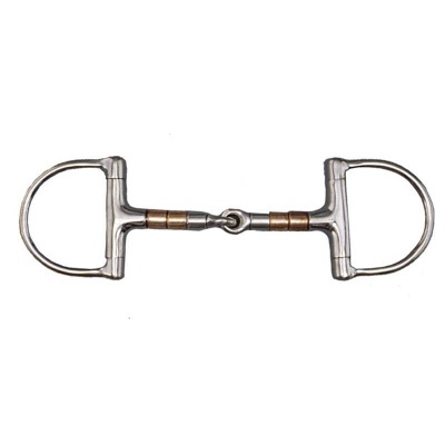Freio metálico prateado com argolas e articulação dourada para equitação