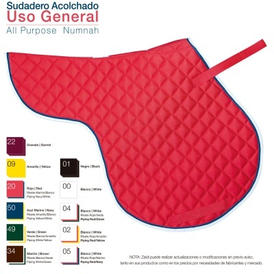 Tapete acolchoado vermelho com costura padrão diamante e bordas azuis, texto de cores e instruções