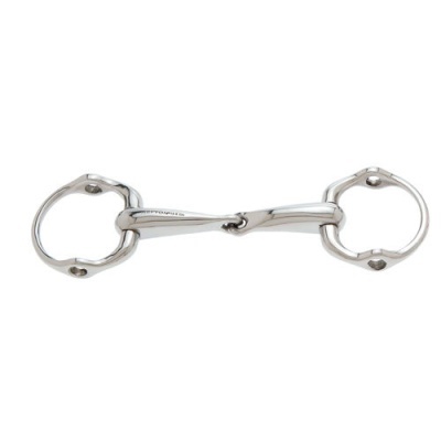 Freio equino metálico prateado com anéis ovais e peça articulada