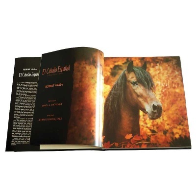 Livro aberto com imagem de cavalo castanho e capa preta com texto