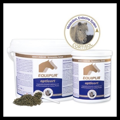 Dois recipientes de suplemento EQUIPUR opti cort com pellets e colher branca