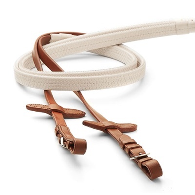 Rédeas para cavalo em couro castanho e tecido cru com fivelas metálicas