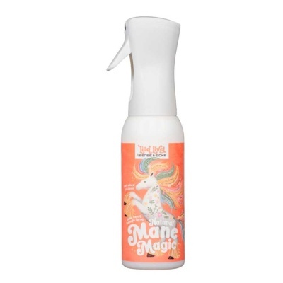 Frasco de spray branco com rótulo laranja e desenho de cavalo colorido
