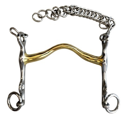 Freno de cavalo em metal dourado e prateado com corrente