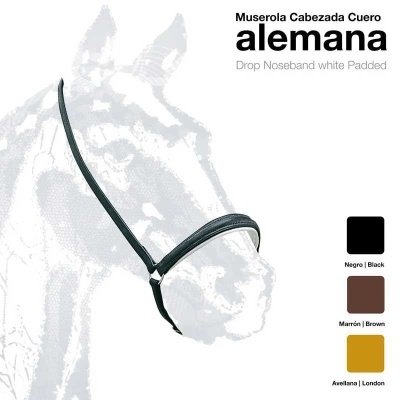 Muserola cabezada de couro preta para cavalo com almofada branca no focinho, texto e paleta de cores