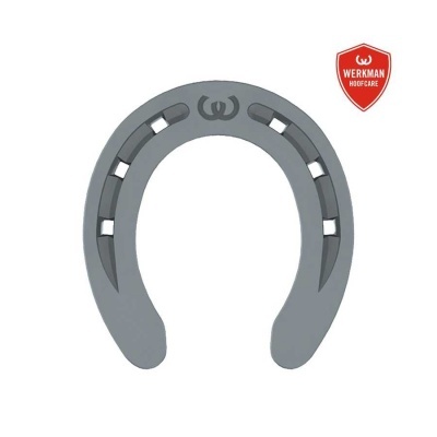 Ferradura cinza com logo W e escudo vermelho WERKMAN HOOFCARE