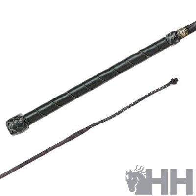 rédea de equitação preta com pega trançada em couro e correia fina trançada