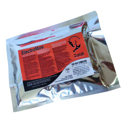 Pacote prateado de suplemento Electrolytos com rótulo vermelho, 100g