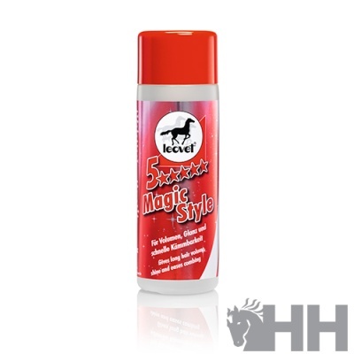 Frasco spray vermelho com rótulo vermelho e texto 'leovet' e '5 Magic Style', imagem de cavalo