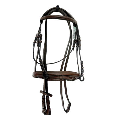 Bridão de cavalo em pele castanha com fivelas metálicas